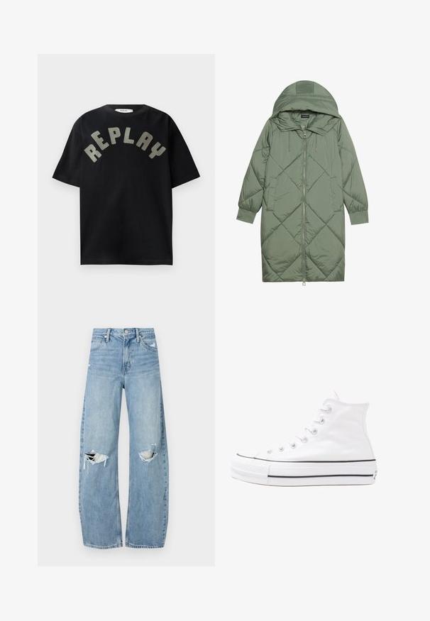 Gequiltede lange groene pufferjas met een capuchon, met een ritssluiting aan de voorkant en twee zijzakken. Gelaagd ruitpatroon overal.; Zwarte katoenen t-shirt met een gebogen, grote, lichtgrijze "REPLAY" grafiek op de voorkant, korte mouwen en een ronde hals.; Lichtblauwe, hooggeritste jeans van denim. Beschikken over wijde pijpen, twee gescheurde knievalken en klassieke vijfzakken styling.; Witte high-top canvas sneakers met een zwarte rubberen zool, een rubberen neuskap aan de voorkant en zes gaatjes voor veters, met een schone, minimalistische uitstraling.