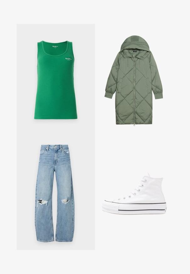 Zelený prešívaný páperový kabát s kapucňou, so zipsovým uzáverom vpredu a dvoma bočnými vreckami. Po celom povrchu je textúrovaný diamantový vzor.; Zelený rebrovaný top bez rukávov s okrúhlym výstrihom a tenkými ramienkami, s malým bielym logom na prednej strane. Hladká textúra.; Svetlomodré, vysoké džínsy vyrobené z denimu. Majú široké nohavice, dve roztrhnuté kolená a klasický päťvreckový strih.; Biele vysoké plátené tenisky s čiernou gumovou podošvou, prednou gumovou špičkou a šiestimi okami na šnúrky, s čistým, minimalistickým dizajnom.