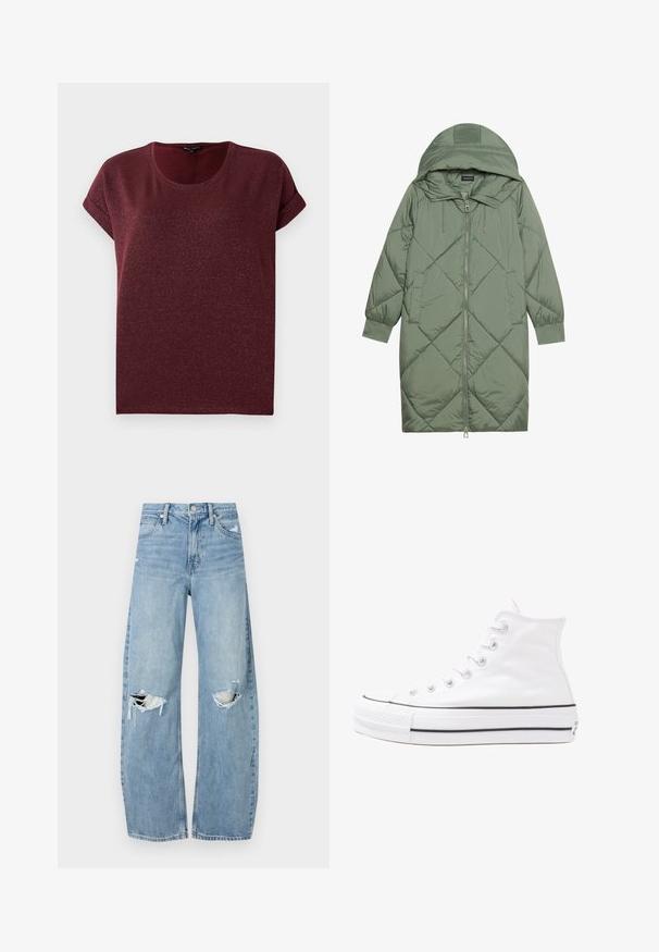 Quiltet lang grøn pufferjakke med hætte, med frontlynlås og to sidelommer. Teksturret diamantmønster over det hele.; Burgunderfarvet kortærmet top lavet af tekstureret, glitrende stof med rund halsudskæring og opsmøgede ærmer. Løs pasform.; Lysblå, højtraljede jeans lavet af denim. Har brede ben, to huller ved knæene og klassisk fem-lommes stil.; Hvide høje kanvas sneakers med sort gummisål, gummitåhætte foran og seks øjehuller til snørebånd, der har et rent, minimalistisk design.