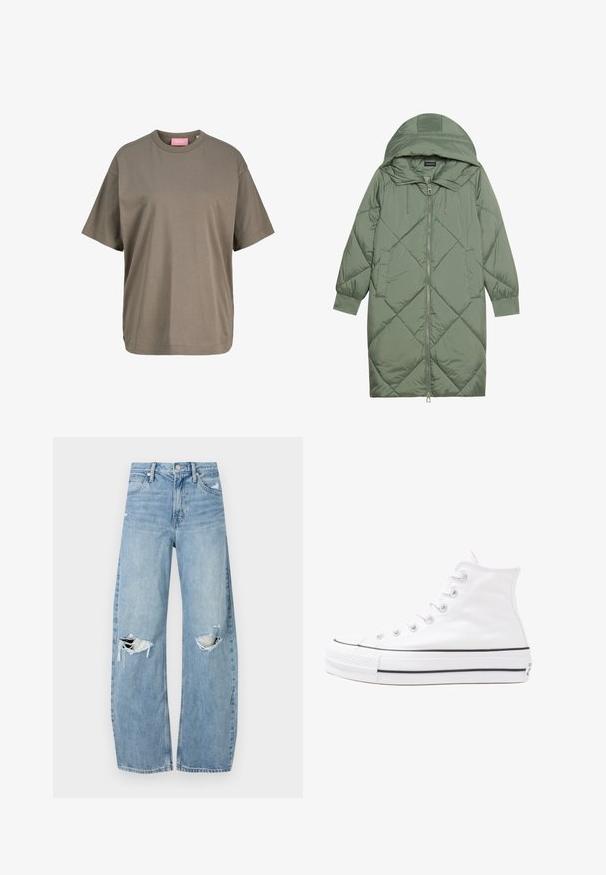 Abrigo acolchado largo verde tipo puffer con capucha, que presenta un cierre frontal con cremallera y dos bolsillos laterales. Patrón de diamantes texturizado en toda su superficie.; Camiseta de manga corta en verde oliva hecha de algodón suave. Presenta un cuello redondo y un corte recto con detalles de costura mínimos.; Vaqueros de mezclilla de tiro alto en azul claro. Tienen piernas anchas, dos áreas desgastadas en las rodillas y un estilo clásico de cinco bolsillos.; Zapatilla de lona alta blanca con suela de goma negra, puntera de goma frontal y seis ojetes para los cordones, que presenta un diseño limpio y minimalista.