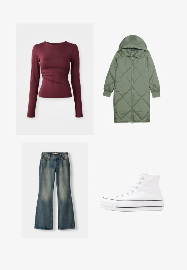Gesteppten langer grüner Daunenmantel mit Kapuze, mit einem Reißverschluss vorne und zwei Seitentaschen. Strukturiertes Rautenmuster auf der gesamten Fläche.; Bordeauxfarbenes Langarmoberteil aus dehnbarem Stoff. Es hat eine figurbetonende Passform mit gerafften Details an der Taille und einem runden Halsausschnitt.; Blaue Schlagjeans mit einem ausgewaschenen Look, fünf Taschen und einem Knopfverschluss. Das Material zeigt eine Denim-Textur mit dezenten Stickdetails.; Weiße hochwertige Leinensneaker mit schwarzer Gummisohle, vorderem Gummizehenschutz und sechs Ösen für Schnürsenkel, die ein sauberes, minimalistisches Design aufweisen.