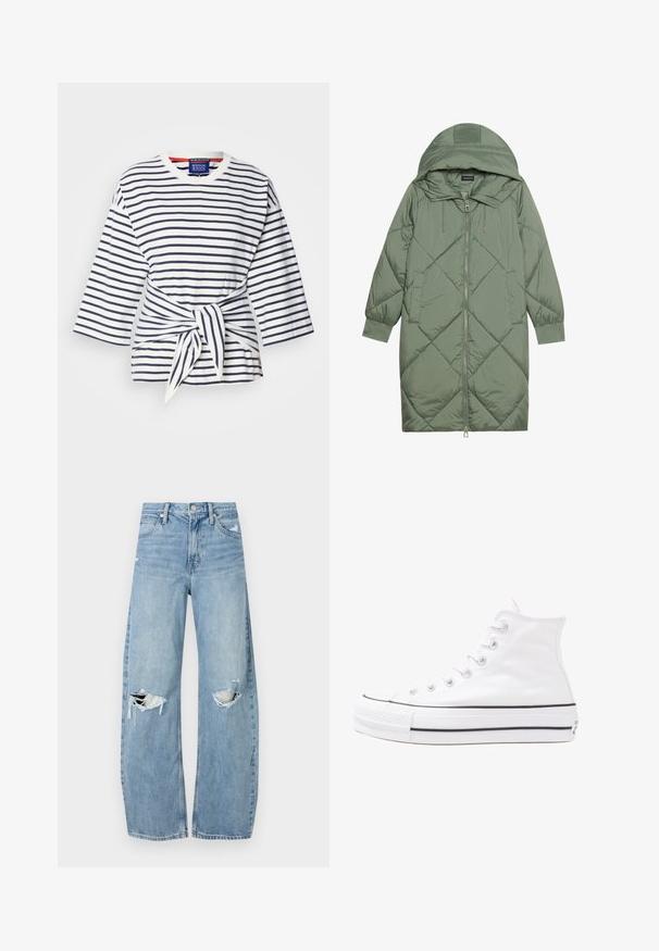 Steppelt, hosszú zöld pufikabát kapucnival, elöl cipzáras záródással és két oldalsó zsebből áll. Az anyagon teljes hosszában váltakozó gyémántmintázat található.; Csíkos, könnyű ing fehér és tengerészkék színben, háromnegyedujjakkal és megkötős derékrésszel. Pamut anyag, kerek nyakkivágással.; Világoskék, magas derekú farmernadrág. Széles lábakkal, két szakadt térddel és klasszikus öt zsebes dizájnnal rendelkezik.; Fehér magaskorsó vászon sportcipő fekete gumi talppal, elülső gumi orrnyereggel és hat fűzőlyukkal, letisztult, minimalista dizájnnal.