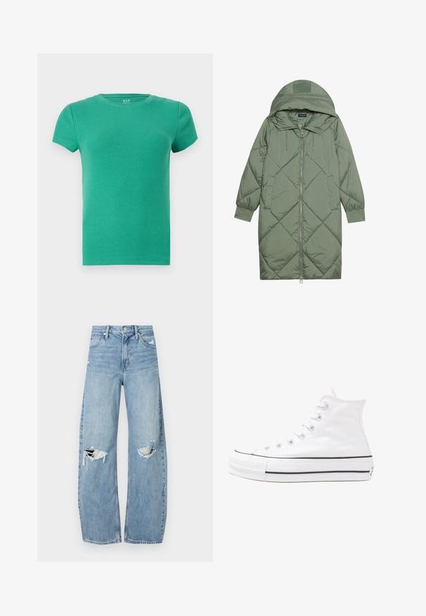 Puchowy, długi, zielony płaszcz z kapturem, z zamkiem błyskawicznym z przodu i dwoma bocznymi kieszeniami. Całość pokryta fakturowanym wzorem diamentowym.; Zielona, prążkowana koszulka z krótkim rękawem, okrągły dekolt, dopasowany fason, miękka struktura, wykonana z elastycznego materiału bawełnianego. Brak widocznych akcentów.; Jasnoniebieskie, wysokiej talii dżinsy wykonane z denimu. Posiadają szerokie nogawki, dwa podarte miejsca na kolanach oraz klasyczne pięć kieszeni.; Białe wysokie trampki z płótna z czarną gumową podeszwą, przednim czubkiem z gumy i sześcioma dziurkami na sznurowadła, charakteryzujące się prostym, minimalistycznym designem.