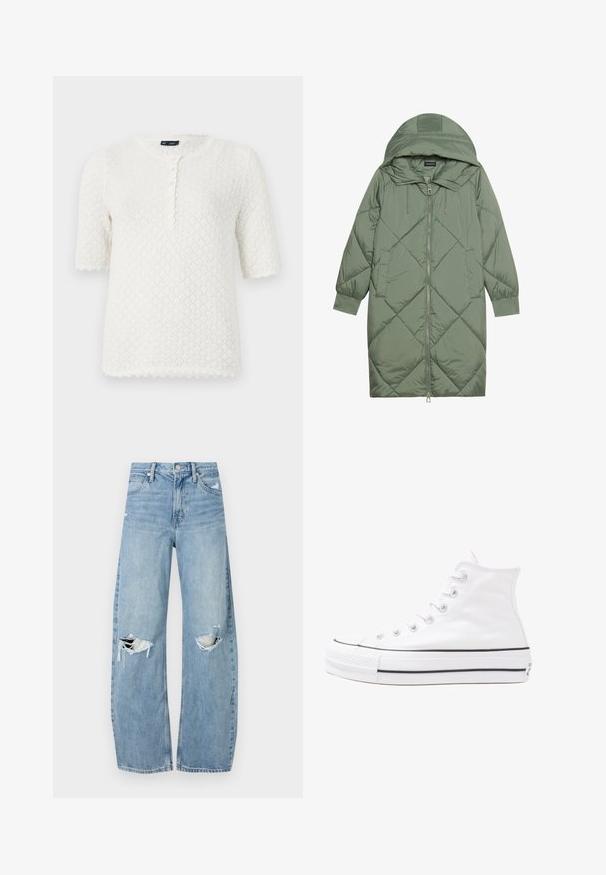Zelený prešívaný páperový kabát s kapucňou, so zipsovým uzáverom vpredu a dvoma bočnými vreckami. Po celom povrchu je textúrovaný diamantový vzor.; GAP POINTELLE - Základné tričko - ivory frost; Svetlomodré, vysoké džínsy vyrobené z denimu. Majú široké nohavice, dve roztrhnuté kolená a klasický päťvreckový strih.; Biele vysoké plátené tenisky s čiernou gumovou podošvou, prednou gumovou špičkou a šiestimi okami na šnúrky, s čistým, minimalistickým dizajnom.