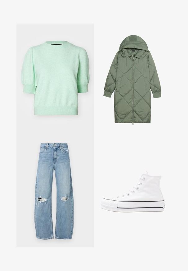 Vadderad lång grön pufferjacka med huva, med en framsidan dragkedjestängning och två sidofickor. Strukturerad diamantmönster över hela plagget.; Mintgrön, kortärmad stickad tröja med rund halsringning, texturerad tyg och figurnära ribbning vid ärmsluten och nederkant.; Ljusblå, högmidjade jeans i denim. Har vida ben, två slitna knäområden och klassisk femfickedesign.; Vit hög topp canvas sneaker med svart gummisulan, framsidan gummitåhätta och sex öglor för snören, med en ren, minimalistisk design.