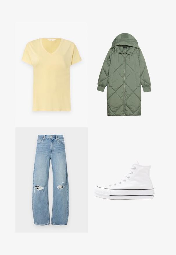 Steppelt, hosszú zöld pufikabát kapucnival, elöl cipzáras záródással és két oldalsó zsebből áll. Az anyagon teljes hosszában váltakozó gyémántmintázat található.; Világos sárga pamut póló V nyakkal és rövid ujjakkal. Simogatott textúrával és egyszerű dizájnnal rendelkezik, minták vagy díszítések nélkül.; Világoskék, magas derekú farmernadrág. Széles lábakkal, két szakadt térddel és klasszikus öt zsebes dizájnnal rendelkezik.; Fehér magaskorsó vászon sportcipő fekete gumi talppal, elülső gumi orrnyereggel és hat fűzőlyukkal, letisztult, minimalista dizájnnal.