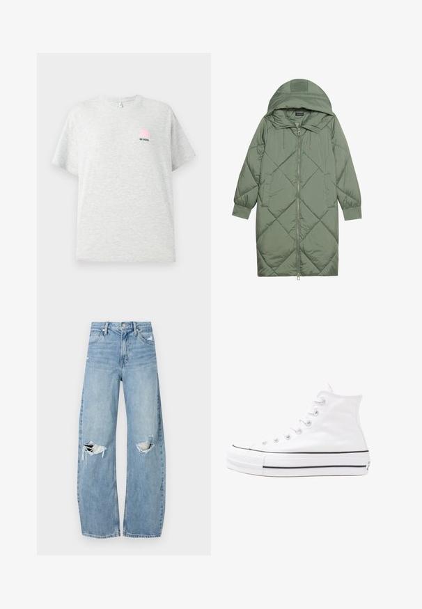 Quiltet lang grønn pufferjakke med hette, med en frontglidelås og to sidelommer. Teksturerte diamantmønster overalt.; Lys grå t-skjorte med kort erm laget av bomull, med en liten rosa bøttehatt-grafikk og teksten "BE GOOD" brodert i svart.; Lyseblå høytlivsjeans laget av denim. Har vide bein, to revne knær og klassisk fem-lommers design.; Hvit høy-skinn kanvas sneakers med svart gummisåle, gummitåhette foran og seks hull for snorer, med et rent, minimalistisk design.