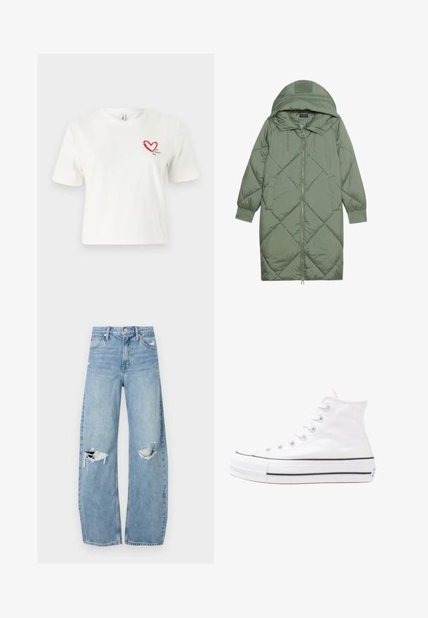 Abrigo acolchado largo verde tipo puffer con capucha, que presenta un cierre frontal con cremallera y dos bolsillos laterales. Patrón de diamantes texturizado en toda su superficie.; Camiseta blanca de manga corta hecha de algodón, con un gráfico de un corazón rojo en el lado izquierdo del pecho y texto manuscrito debajo.; Vaqueros de mezclilla de tiro alto en azul claro. Tienen piernas anchas, dos áreas desgastadas en las rodillas y un estilo clásico de cinco bolsillos.; Zapatilla de lona alta blanca con suela de goma negra, puntera de goma frontal y seis ojetes para los cordones, que presenta un diseño limpio y minimalista.