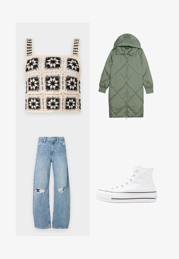 Κοντό πράσινο πούπερ μπουφάν με κουκούλα, διαθέτοντας κεντρικό φερμουάρ και δύο πλαϊνές τσέπες. Υφασμάτινο σχέδιο με ρόμβους σε όλη την επιφάνεια.; Κροκέ τοπ με κρέμα βάση και μαύρη λουλουδάτη κέντημα, τετράγωνα μοτίβα και ρυθμιζόμενους ιμάντες. Ο ανοιχτός σχεδιασμός υφαντής προσθέτει υφή.; Ανοιχτόμπλε, ψηλόμεσα τζιν φτιαγμένα από τζιν ύφασμα. Διαθέτουν φαρδιές καμπάνες, δύο σκισμένα γόνατα και κλασικό στιλ πέντε τσεπών.; Λευκό ψηλό καμβαδάκι αθλητικό παπούτσι με μαύρη καουτσούκ σόλα, πρόσθιο καουτσούκ καλύμματος δακτύλου και έξι οπές για κορδόνια, με μια καθαρή και μίνιμαλ σχεδίαση.