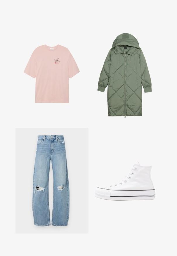 Manteau matelassé long vert avec capuche, doté d'une fermeture éclair à l'avant et de deux poches latérales. Motif en losanges texturé sur toute sa surface.; T-shirt en coton rose clair avec un graphisme de grue noire et des accents rouges, portant le mot "SAKURA". Coupe décontractée et col rond.; Jeans en denim bleu clair à taille haute. Présentent des jambes larges, deux zones déchirées aux genoux et un style classique à cinq poches.; Baskets montantes en toile blanche avec semelle en caoutchouc noir, capuchon en caoutchouc à l'avant, et six œillets pour les lacets, présentant un design épuré et minimaliste.