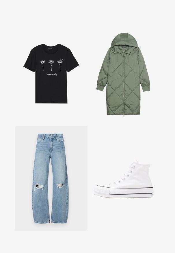 Quiltuotas ilgas žalias pūkinis paltas su kapuce, turintis priekinį užtrauktuką ir dvi šonines kišenes. Visame paviršiuje yra tekstūrinis rombų raštas.; Juodas medvilninis marškinėliai su baltais piešiniais, vaizduojančiais tris gėles, ir tekstu "žydėk laisvai" po jomis. Apvalus kaklas ir trumpomis rankovėmis.; Šviesiai mėlynos, aukštu juosmeniu džinsai pagaminti iš džinsinio audinio. Turi plačias kojų kelnes, dvi suplėšytas kelio vietas ir klasikinį penkių kišenių dizainą.; Balti aukštakulniai drobės sportbačiai su juodu guminio pado, priekinio guminio piršto dangteliu ir šešiais akytėmis raištams, pasižymintys švariu, minimalistiniu dizainu.