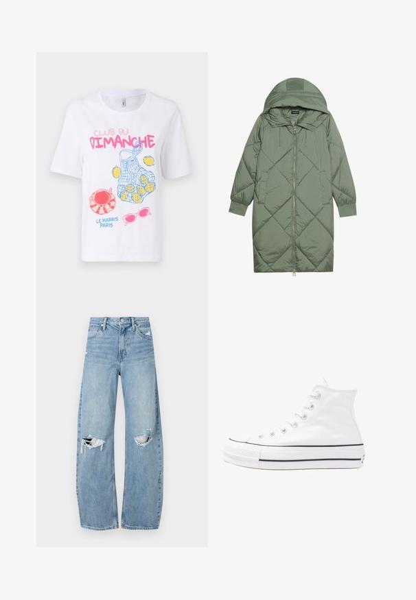 Quiltet lang grønn pufferjakke med hette, med en frontglidelås og to sidelommer. Teksturerte diamantmønster overalt.; Hvit bomull t-skjorte med fargerike grafikker: en nettpose med sitroner, solbriller og teksten "CLUB DU DIMANCHE" og "LE MARAIS PARIS."; Lyseblå høytlivsjeans laget av denim. Har vide bein, to revne knær og klassisk fem-lommers design.; Hvit høy-skinn kanvas sneakers med svart gummisåle, gummitåhette foran og seks hull for snorer, med et rent, minimalistisk design.