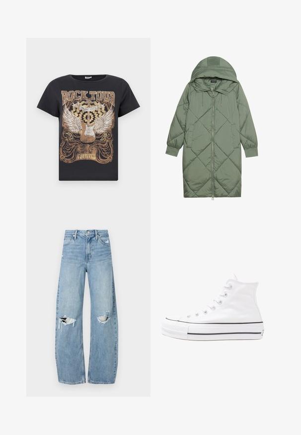 Prošívaný dlouhý zelený péřový kabát s kapucí, který má přední zip a dvě boční kapsy. Po celém povrchu je texturovaný diamantový vzor.; Černé tričko s krátkým rukávem s grafickým designem ve zlaté a bílé barvě, na kterém je kytara a křídla, a nápis "ROCK TOUR MUSIC CITY FESTIVAL."; Světle modré džíny s vysokým pasem vyrobené z denimu. Mají široké nohavice, dvě roztržené oblasti na kolenou a klasický pětikapsový střih.; Bílé vysoké plátěné tenisky s černou gumovou podrážkou, přední gumovou špičkou a šesti očky na tkaničky, se čistým, minimalistickým designem.