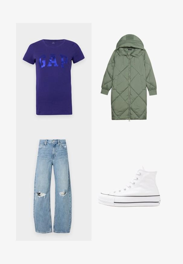 Casaco puffer longo verde acolchoado com capuz, apresentando um fecho frontal com zíper e dois bolsos laterais. Padrão texturizado em forma de diamante por todo o casaco.; T-shirt de algodão roxa com um logótipo azul brilhante "GAP" em letras grandes. Manga curta e design de gola redonda.; Jeans de lavagem clara, de cintura alta, feitos de denim. Apresentam pernas largas, duas áreas rasgadas nos joelhos e o estilo clássico de cinco bolsos.; Sapatilha alta de tela branca com sola de borracha preta, bico de borracha na frente e seis ilhós para os atacadores, apresentando um design limpo e minimalista.