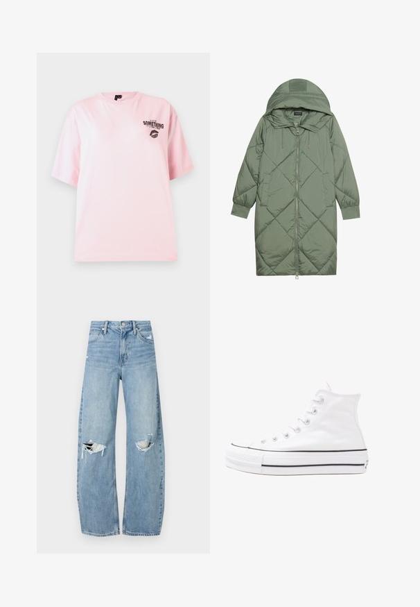 Vihreä vuorattu pitkänmallinen puhvitakki, jossa on huppu, etuvetoketju ja kaksi sivutaskua. Koko takin pinta on teksturoidussa timanttikuviossa.; Vaaleanpunainen puuvillapaita lyhyillä hihoilla, pyöreä kaula-aukko, vasemmassa rinnassa mustaa printtiä ja huulipainatus.; Vaaleansiniset, korkeavyötäröiset farkut, jotka on valmistettu denimmateriaalista. Ominaisuuksiin kuuluvat leveät lahkeet, kaksi revittyä polvialuetta ja klassinen viiden taskun tyyli.; Valkoiset korkeavartiset kangaskengät mustalla kumipohjalla, edessä kuminen varvasosa ja kuusi nauha-aukkoa, puhtaan minimalistisella muotoilulla.