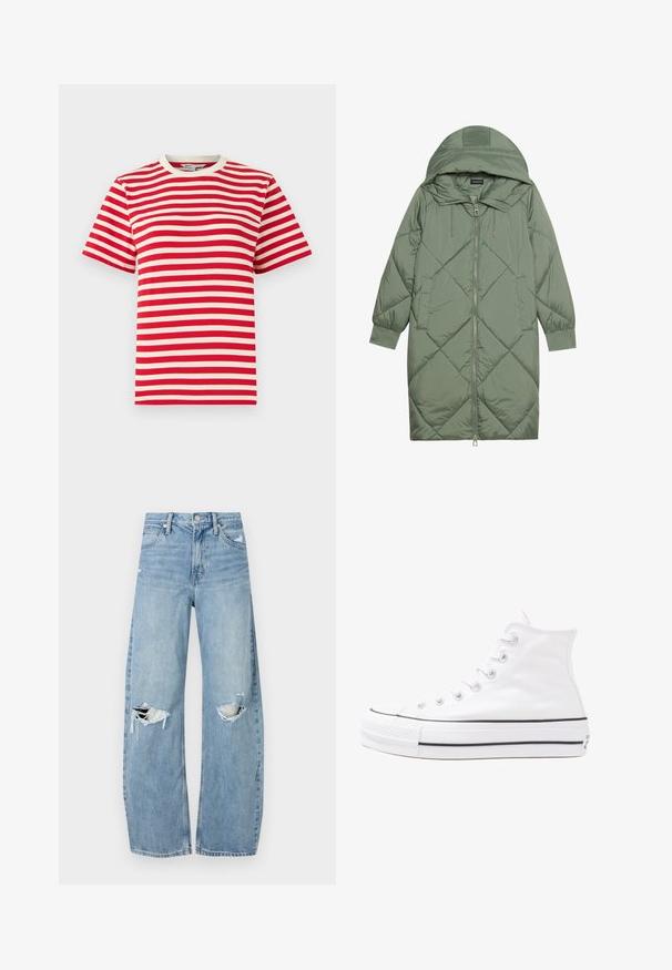 Izšūts garš zaļš pūšļa mētelis ar kapuci, ar priekšējo rāvējslēdzēju un divām sānu kabatām. Visā virsmā ir teksturēta dimanta raksts.; Sarkana un balta svītrota t-kreklā ar apaļu kakla izgriezumu un īsām piedurknēm. Izgatavots no kokvilnas, tam ir vienāda platuma horizontālas svītras.; Gaiši zili, augstās vidukļa džinsi, kas izgatavoti no denima. Iespējas plašas kājas, divas plēstas ceļa daļas un klasiskā piecu kabatu dizains.; Balti augstie kanvas sporta apavi ar melnu gumijas zoli, priekšējo gumijas purngalu un sešām acīm lencēm, kuriem ir tīrs, minimālistisks dizains.