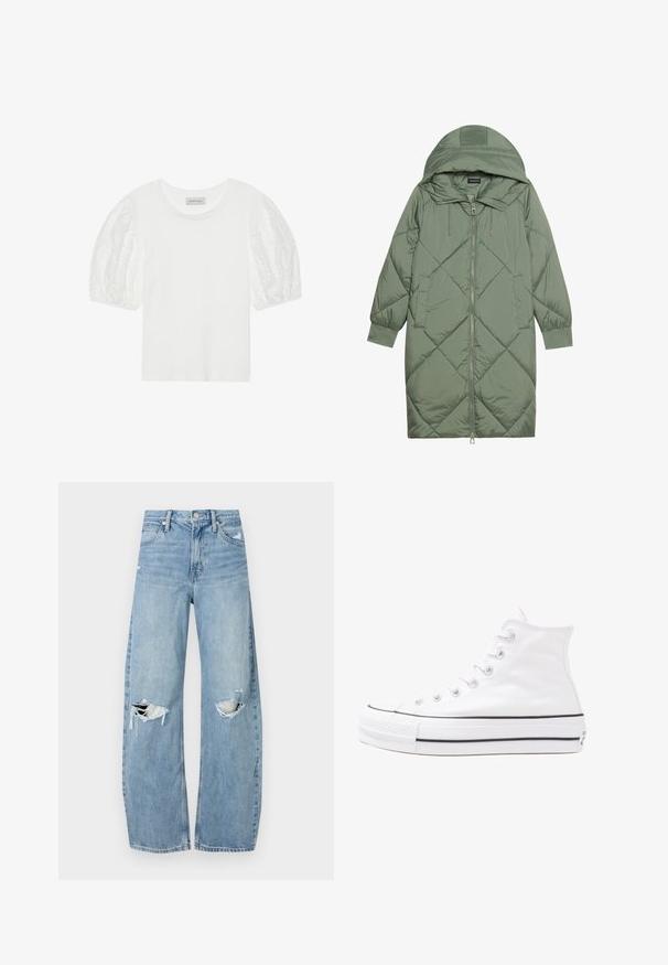 Quiltet lang grøn pufferjakke med hætte, med frontlynlås og to sidelommer. Teksturret diamantmønster over det hele.; Hvid bomulds T-shirt med gennemsigtige, broderede puffærmer. Klassisk rund hals design med en afslappet pasform. Enkel og moderne æstetik.; Lysblå, højtraljede jeans lavet af denim. Har brede ben, to huller ved knæene og klassisk fem-lommes stil.; Hvide høje kanvas sneakers med sort gummisål, gummitåhætte foran og seks øjehuller til snørebånd, der har et rent, minimalistisk design.