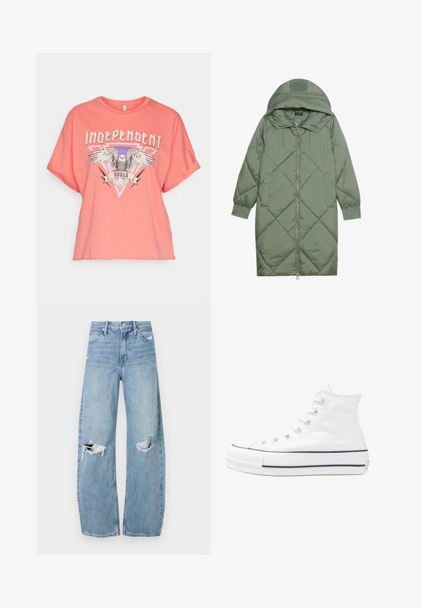 Puchowy, długi, zielony płaszcz z kapturem, z zamkiem błyskawicznym z przodu i dwoma bocznymi kieszeniami. Całość pokryta fakturowanym wzorem diamentowym.; Koraliowy różowy t-shirt z krótkim rękawem, wykonany z miękkiej bawełny, z graficznym wzorem przedstawiającym orła oraz słowem "NIEZALEŻNY" w wyraźnym, pogrubionym napisie.; Jasnoniebieskie, wysokiej talii dżinsy wykonane z denimu. Posiadają szerokie nogawki, dwa podarte miejsca na kolanach oraz klasyczne pięć kieszeni.; Białe wysokie trampki z płótna z czarną gumową podeszwą, przednim czubkiem z gumy i sześcioma dziurkami na sznurowadła, charakteryzujące się prostym, minimalistycznym designem.