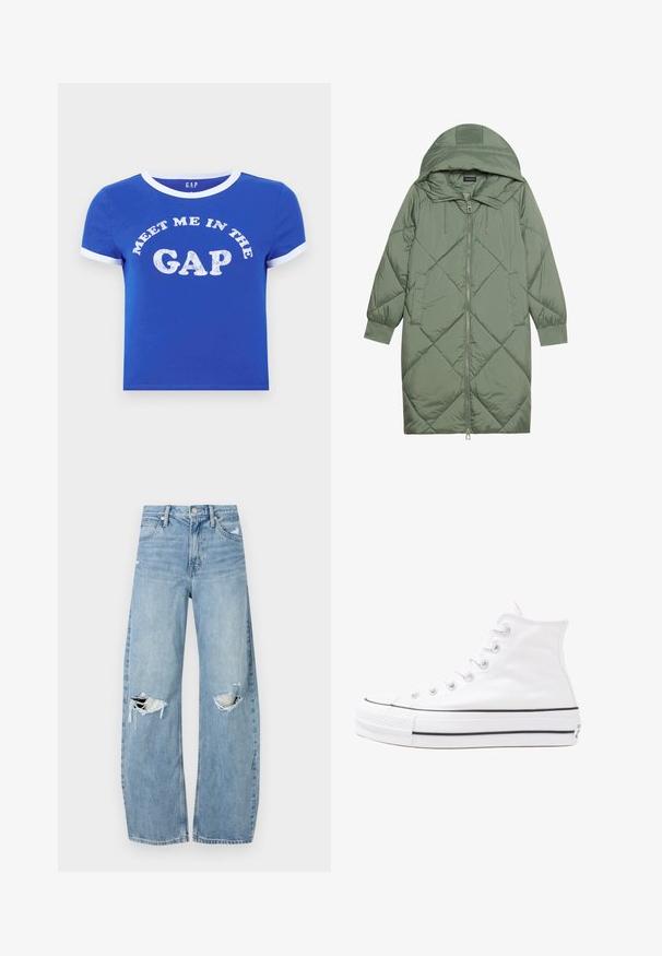 Quiltet lang grøn pufferjakke med hætte, med frontlynlås og to sidelommer. Teksturret diamantmønster over det hele.; Blå bomulds-T-shirt med en hvid rund halsudskæring og ærmekanter. Har tekst foran med teksten "MØD MIG I GAP" i slidt hvidt print.; Lysblå, højtraljede jeans lavet af denim. Har brede ben, to huller ved knæene og klassisk fem-lommes stil.; Hvide høje kanvas sneakers med sort gummisål, gummitåhætte foran og seks øjehuller til snørebånd, der har et rent, minimalistisk design.