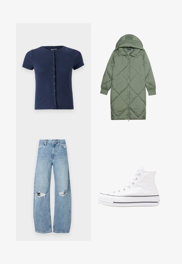 Casaco puffer longo verde acolchoado com capuz, apresentando um fecho frontal com zíper e dois bolsos laterais. Padrão texturizado em forma de diamante por todo o casaco.; Cardigã curto de manga curta em navy com decote redondo, bordas em ondas e seis botões na frente. Logótipo subtil no peito.; Jeans de lavagem clara, de cintura alta, feitos de denim. Apresentam pernas largas, duas áreas rasgadas nos joelhos e o estilo clássico de cinco bolsos.; Sapatilha alta de tela branca com sola de borracha preta, bico de borracha na frente e seis ilhós para os atacadores, apresentando um design limpo e minimalista.