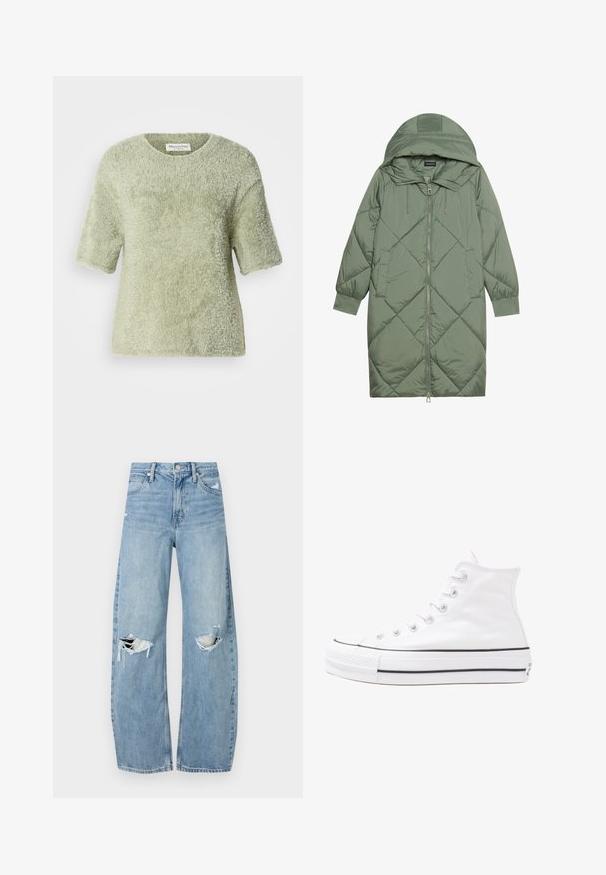Cappotto lungo imbottito verde con un cappuccio, caratterizzato da una chiusura frontale a zip e due tasche laterali. Motivo a rombi testurizzati su tutta la superficie.; Pullover a maniche corte e peloso di colore verde chiaro. Tessuto morbido, collo a giro, vestibilità rilassata, con una silhouette leggermente ampia e senza hardware visibile.; Jeans azzurri chiari a vita alta realizzati in denim. Presentano gambe larghe, due aree strappate sulle ginocchia e il classico styling a cinque tasche.; Sneaker alta in tela bianca con suola in gomma nera, punta in gomma frontale e sei asole per i lacci, caratterizzata da un design pulito e minimalista.