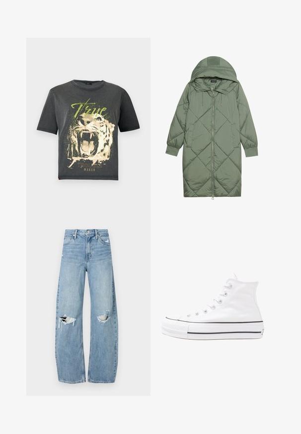 Quiltuotas ilgas žalias pūkinis paltas su kapuce, turintis priekinį užtrauktuką ir dvi šonines kišenes. Visame paviršiuje yra tekstūrinis rombų raštas.; JDY JDYFAROCK ELINA - Marškinėliai su spaudiniu - black; Šviesiai mėlynos, aukštu juosmeniu džinsai pagaminti iš džinsinio audinio. Turi plačias kojų kelnes, dvi suplėšytas kelio vietas ir klasikinį penkių kišenių dizainą.; Balti aukštakulniai drobės sportbačiai su juodu guminio pado, priekinio guminio piršto dangteliu ir šešiais akytėmis raištams, pasižymintys švariu, minimalistiniu dizainu.