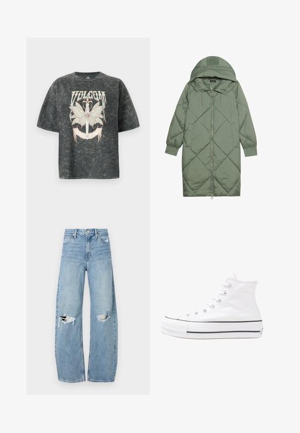 Gequiltede lange groene pufferjas met een capuchon, met een ritssluiting aan de voorkant en twee zijzakken. Gelaagd ruitpatroon overal.; Volcom VOLTRIP TEE - T-shirt print - vintage black; Lichtblauwe, hooggeritste jeans van denim. Beschikken over wijde pijpen, twee gescheurde knievalken en klassieke vijfzakken styling.; Witte high-top canvas sneakers met een zwarte rubberen zool, een rubberen neuskap aan de voorkant en zes gaatjes voor veters, met een schone, minimalistische uitstraling.