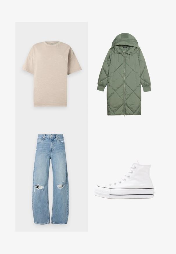 Quiltet lang grønn pufferjakke med hette, med en frontglidelås og to sidelommer. Teksturerte diamantmønster overalt.; Beige bomull t-skjorte med korte ermer, rund hals og en liten hvit trykt tekst "BORN IN HEAVEN" på brystet. Glatt tekstur.; Lyseblå høytlivsjeans laget av denim. Har vide bein, to revne knær og klassisk fem-lommers design.; Hvit høy-skinn kanvas sneakers med svart gummisåle, gummitåhette foran og seks hull for snorer, med et rent, minimalistisk design.
