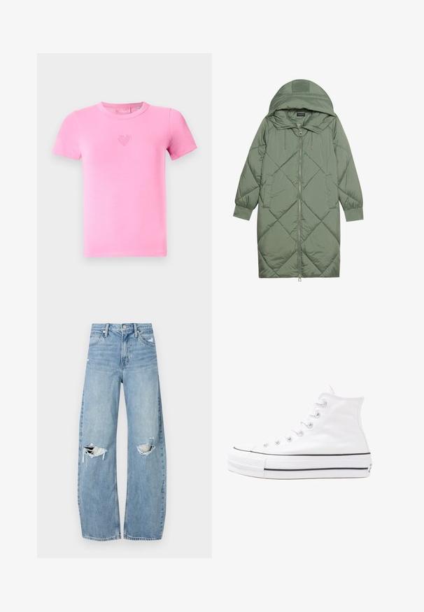 Quiltet lang grønn pufferjakke med hette, med en frontglidelås og to sidelommer. Teksturerte diamantmønster overalt.; Rosa t-skjorte med korte ermer laget av myk bomull. Har et lite brodert hjerte-design på brystet. Klassisk rund hals stil.; Lyseblå høytlivsjeans laget av denim. Har vide bein, to revne knær og klassisk fem-lommers design.; Hvit høy-skinn kanvas sneakers med svart gummisåle, gummitåhette foran og seks hull for snorer, med et rent, minimalistisk design.