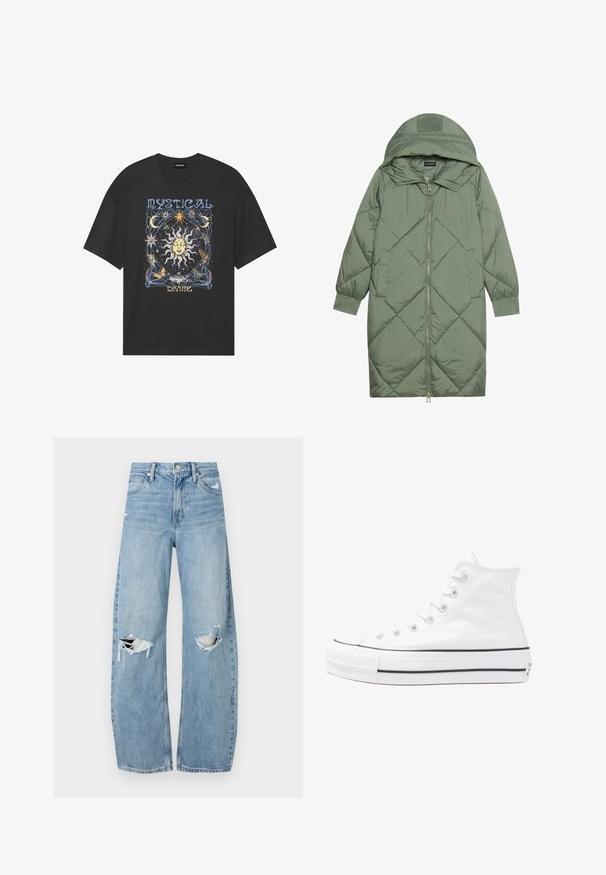 Quiltet lang grønn pufferjakke med hette, med en frontglidelås og to sidelommer. Teksturerte diamantmønster overalt.; Svart bomull T-skjorte med løs passform, prydet med et fargerikt mystisk solmotiv og dekorative elementer som måner og sommerfugler.; Lyseblå høytlivsjeans laget av denim. Har vide bein, to revne knær og klassisk fem-lommers design.; Hvit høy-skinn kanvas sneakers med svart gummisåle, gummitåhette foran og seks hull for snorer, med et rent, minimalistisk design.