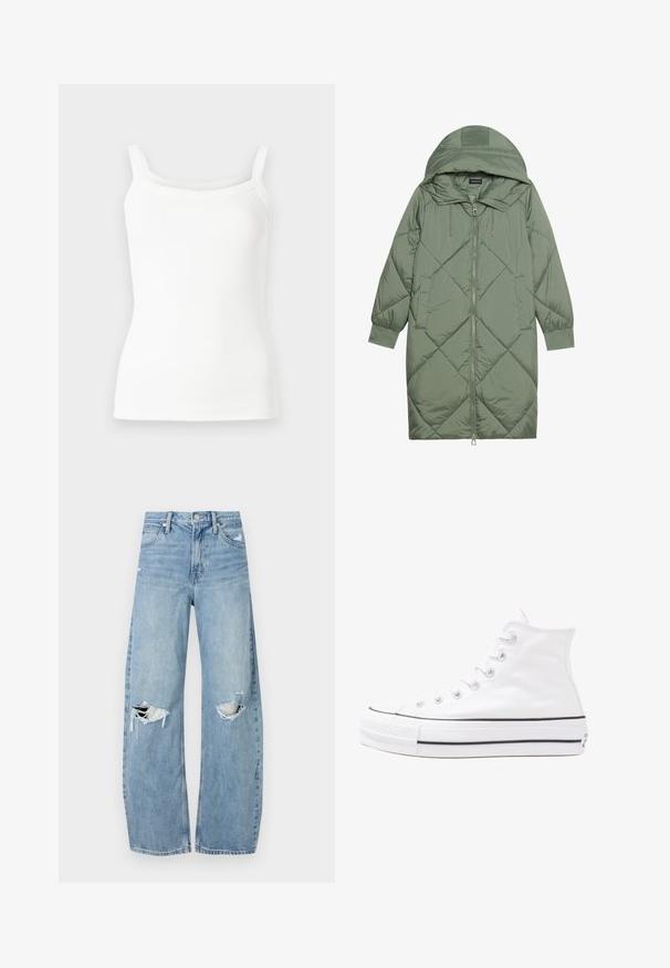 Pistetud pikk roheline puffermantel kapuutsiga, esiküljel tõmblukuga ja kahe küljetaskuga. Kogu pinnal on struktureeritud rombikujundus.; Valge ribaga tank-top õhukeste rihmadega, millel on vormiv kuju ja sile tekstuur. Mustreid ega metallist detaile ei ole.; Heledad hallideega sinised teksad, millel on kõrge talje. Teksade jalgadel on lai alus, kaks rebitud kohta põlvede ümber ning klassikaline viie tasku stiil.; Valge kõrgem kangast tenniseking, millel on must kummist tald, ees kummist varvasetugi ja kuus aukku paelte jaoks, pakkudes puhta ja minimalistliku disaini.