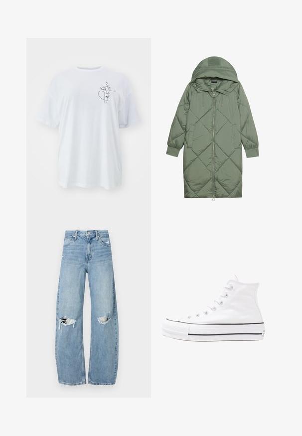 Quilted long green puffer coat with a hood, featuring a front zipper closure and two side pockets. Textured diamond pattern throughout.; White cotton t-shirt, oversized fit, featuring a minimalist black line drawing on the left side. Classic crew neck and short sleeves.; Light blue, high-waisted jeans made of denim. Feature wide legs, two torn knee areas, and classic five-pocket styling.; White high-top canvas sneaker with black rubber sole, front rubber toe cap, and six eyelets for laces, featuring a clean, minimalist design.