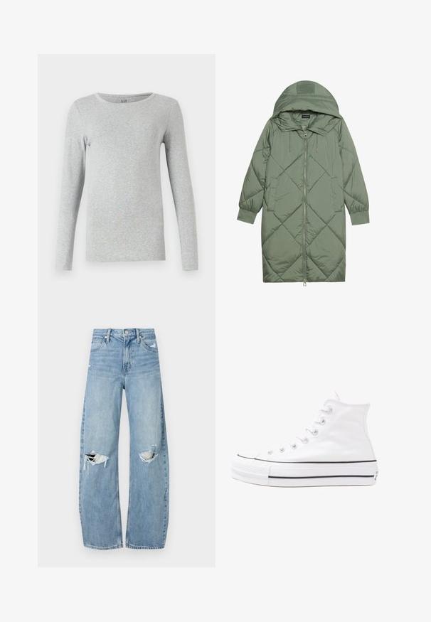 Gesteppten langer grüner Daunenmantel mit Kapuze, mit einem Reißverschluss vorne und zwei Seitentaschen. Strukturiertes Rautenmuster auf der gesamten Fläche.; Graues Langarm-T-Shirt aus weicher Baumwolle. Mit rundem Halsausschnitt und taillierter Silhouette. Einfaches, nahtloses Design ohne Muster.; Helles, hochtailliertes Jeans aus Denim. Hat weit geschnittene Beine, zwei aufgerissene Kniebereiche und klassischen Fünf-Taschen-Stil.; Weiße hochwertige Leinensneaker mit schwarzer Gummisohle, vorderem Gummizehenschutz und sechs Ösen für Schnürsenkel, die ein sauberes, minimalistisches Design aufweisen.