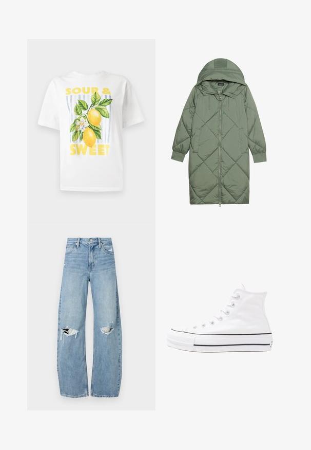 Izšūts garš zaļš pūšļa mētelis ar kapuci, ar priekšējo rāvējslēdzēju un divām sānu kabatām. Visā virsmā ir teksturēta dimanta raksts.; Balts kokvilnas T-krekls ar dzeltenu grafisku tekstu "SOUR & SWEET" un divu citronu dizainu ar zaļām lapām un baltu ziedu.; Gaiši zili, augstās vidukļa džinsi, kas izgatavoti no denima. Iespējas plašas kājas, divas plēstas ceļa daļas un klasiskā piecu kabatu dizains.; Balti augstie kanvas sporta apavi ar melnu gumijas zoli, priekšējo gumijas purngalu un sešām acīm lencēm, kuriem ir tīrs, minimālistisks dizains.