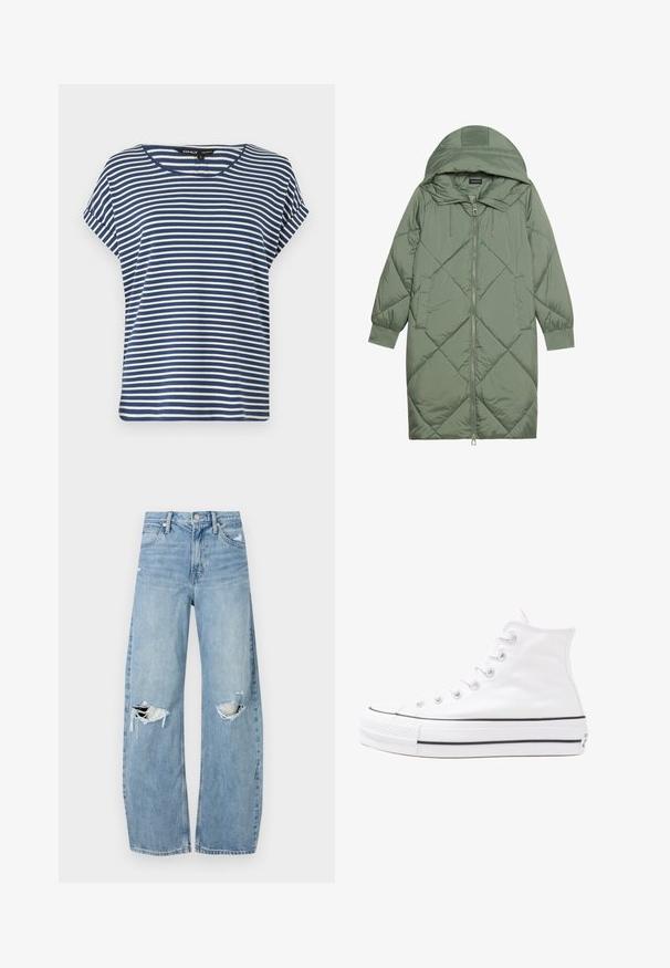 Quiltuotas ilgas žalias pūkinis paltas su kapuce, turintis priekinį užtrauktuką ir dvi šonines kišenes. Visame paviršiuje yra tekstūrinis rombų raštas.; Mėlynos ir baltos juostelės trumpomis rankovėmis marškiniai su apvalia iškirpte, pagaminti iš minkštos medvilnės, su laisvu siluetu ir šiek tiek išpjautomis šoninėmis dalimis apačioje.; Šviesiai mėlynos, aukštu juosmeniu džinsai pagaminti iš džinsinio audinio. Turi plačias kojų kelnes, dvi suplėšytas kelio vietas ir klasikinį penkių kišenių dizainą.; Balti aukštakulniai drobės sportbačiai su juodu guminio pado, priekinio guminio piršto dangteliu ir šešiais akytėmis raištams, pasižymintys švariu, minimalistiniu dizainu.