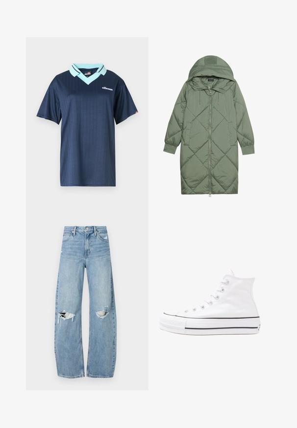 Zelený prešívaný páperový kabát s kapucňou, so zipsovým uzáverom vpredu a dvoma bočnými vreckami. Po celom povrchu je textúrovaný diamantový vzor.; Námornícky modrá polokošeľa s krátkym rukávom, svetlomodrým golierom a vertikálnym prúžkovaním. Obsahuje biele logo značky na hrudi.; Svetlomodré, vysoké džínsy vyrobené z denimu. Majú široké nohavice, dve roztrhnuté kolená a klasický päťvreckový strih.; Biele vysoké plátené tenisky s čiernou gumovou podošvou, prednou gumovou špičkou a šiestimi okami na šnúrky, s čistým, minimalistickým dizajnom.