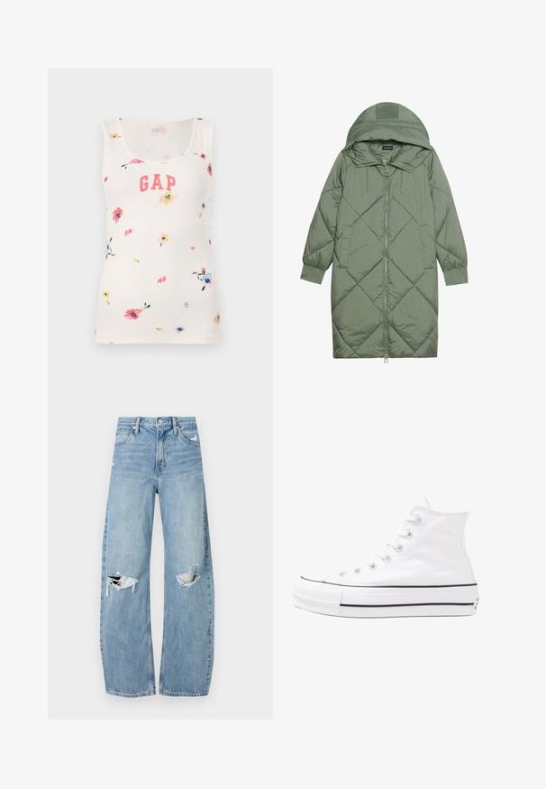 Quilted long green puffer coat with a hood, featuring a front zipper closure and two side pockets. Textured diamond pattern throughout.; White ribbed tank top with multicolored floral print and a coral "GAP" logo on the front. Features a scooped neckline and sleeveless design.; Light blue, high-waisted jeans made of denim. Feature wide legs, two torn knee areas, and classic five-pocket styling.; White high-top canvas sneaker with black rubber sole, front rubber toe cap, and six eyelets for laces, featuring a clean, minimalist design.