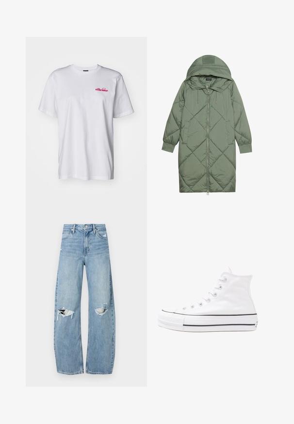 Gequiltede lange groene pufferjas met een capuchon, met een ritssluiting aan de voorkant en twee zijzakken. Gelaagd ruitpatroon overal.; Witte katoenen T-shirt met korte mouwen, ronde hals en een roze geborduurd logo op de linkerborst. Lichtgewicht en gladde textuur.; Lichtblauwe, hooggeritste jeans van denim. Beschikken over wijde pijpen, twee gescheurde knievalken en klassieke vijfzakken styling.; Witte high-top canvas sneakers met een zwarte rubberen zool, een rubberen neuskap aan de voorkant en zes gaatjes voor veters, met een schone, minimalistische uitstraling.