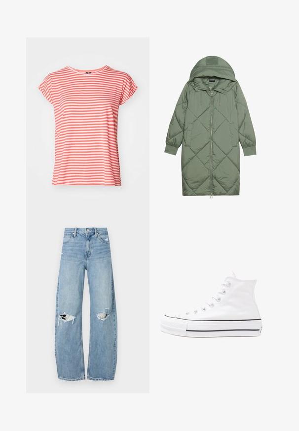 Manteau matelassé long vert avec capuche, doté d'une fermeture éclair à l'avant et de deux poches latérales. Motif en losanges texturé sur toute sa surface.; T-shirt rayé en corail et blanc, à manches courtes, en tissu doux, col rond, coupe décontractée, présentant des rayures horizontales uniformément espacées.; Jeans en denim bleu clair à taille haute. Présentent des jambes larges, deux zones déchirées aux genoux et un style classique à cinq poches.; Baskets montantes en toile blanche avec semelle en caoutchouc noir, capuchon en caoutchouc à l'avant, et six œillets pour les lacets, présentant un design épuré et minimaliste.