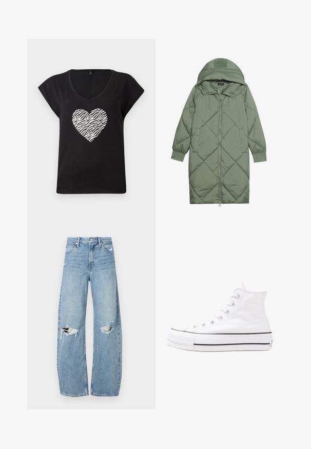 Quiltet lang grøn pufferjakke med hætte, med frontlynlås og to sidelommer. Teksturret diamantmønster over det hele.; Sort t-shirt med korte ærmer og V-udskæring, prydet med et sølvfarvet zebramønstret hjerte i midten. Fremstillet af blødt bomuldsstof.; Lysblå, højtraljede jeans lavet af denim. Har brede ben, to huller ved knæene og klassisk fem-lommes stil.; Hvide høje kanvas sneakers med sort gummisål, gummitåhætte foran og seks øjehuller til snørebånd, der har et rent, minimalistisk design.