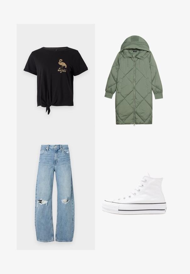 Quiltet lang grønn pufferjakke med hette, med en frontglidelås og to sidelommer. Teksturerte diamantmønster overalt.; Svart T-skjorte laget av myk bomull med korte ermer, knyttet front, og et gullfarget flamingo-trykk med teksten "Livet handler om BALANSE".; Lyseblå høytlivsjeans laget av denim. Har vide bein, to revne knær og klassisk fem-lommers design.; Hvit høy-skinn kanvas sneakers med svart gummisåle, gummitåhette foran og seks hull for snorer, med et rent, minimalistisk design.