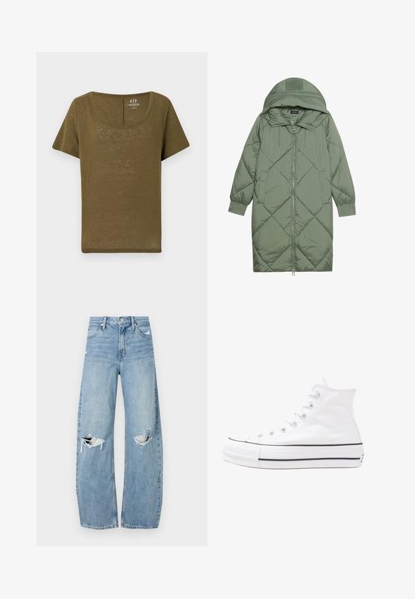Quiltet lang grønn pufferjakke med hette, med en frontglidelås og to sidelommer. Teksturerte diamantmønster overalt.; GAP BLEND SCOOP - T-shirts - dark olive; Lyseblå høytlivsjeans laget av denim. Har vide bein, to revne knær og klassisk fem-lommers design.; Hvit høy-skinn kanvas sneakers med svart gummisåle, gummitåhette foran og seks hull for snorer, med et rent, minimalistisk design.