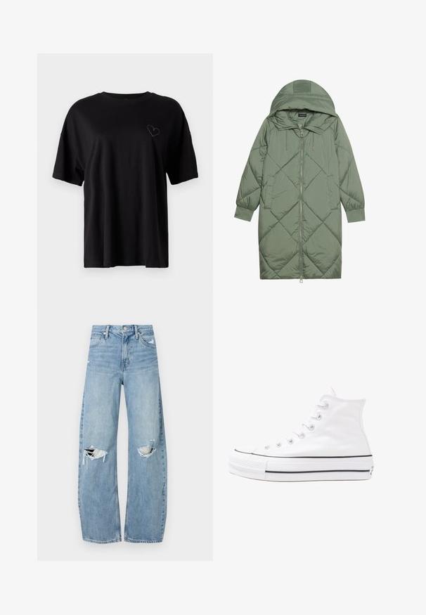 Quiltet lang grøn pufferjakke med hætte, med frontlynlås og to sidelommer. Teksturret diamantmønster over det hele.; Sort bomuld T-shirt med korte ærmer, afslappet fit, rund halsudskæring, med et subtilt hjerte-design broderet på venstre brystområde.; Lysblå, højtraljede jeans lavet af denim. Har brede ben, to huller ved knæene og klassisk fem-lommes stil.; Hvide høje kanvas sneakers med sort gummisål, gummitåhætte foran og seks øjehuller til snørebånd, der har et rent, minimalistisk design.