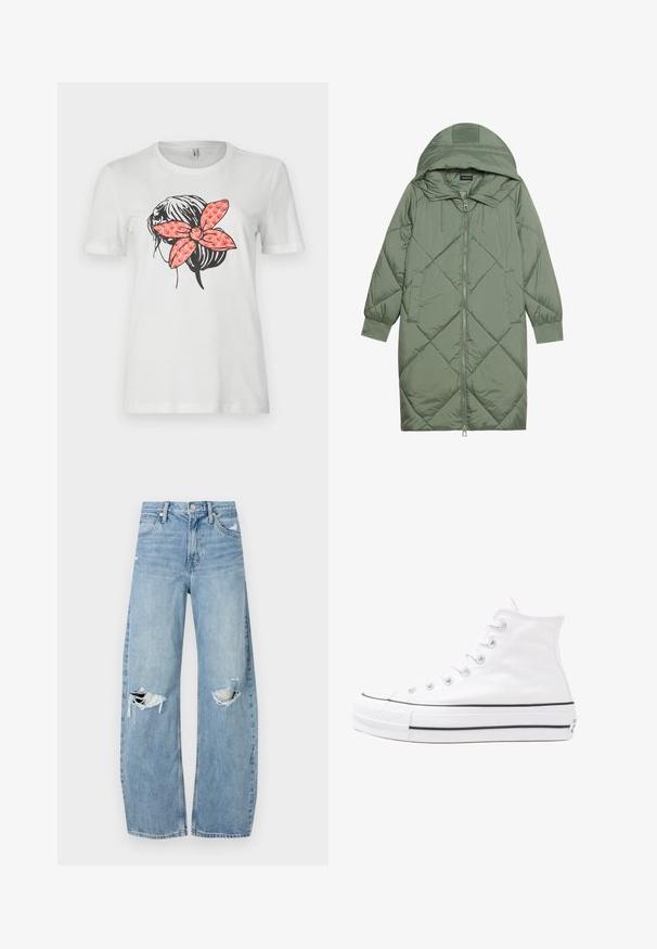 Quilted long green puffer coat with a hood, featuring a front zipper closure and two side pockets. Textured diamond pattern throughout.; White t-shirt featuring a black outline of a hairstyle and a large red patterned bow at the back. Short sleeves and crew neckline.; Light blue, high-waisted jeans made of denim. Feature wide legs, two torn knee areas, and classic five-pocket styling.; White high-top canvas sneaker with black rubber sole, front rubber toe cap, and six eyelets for laces, featuring a clean, minimalist design.