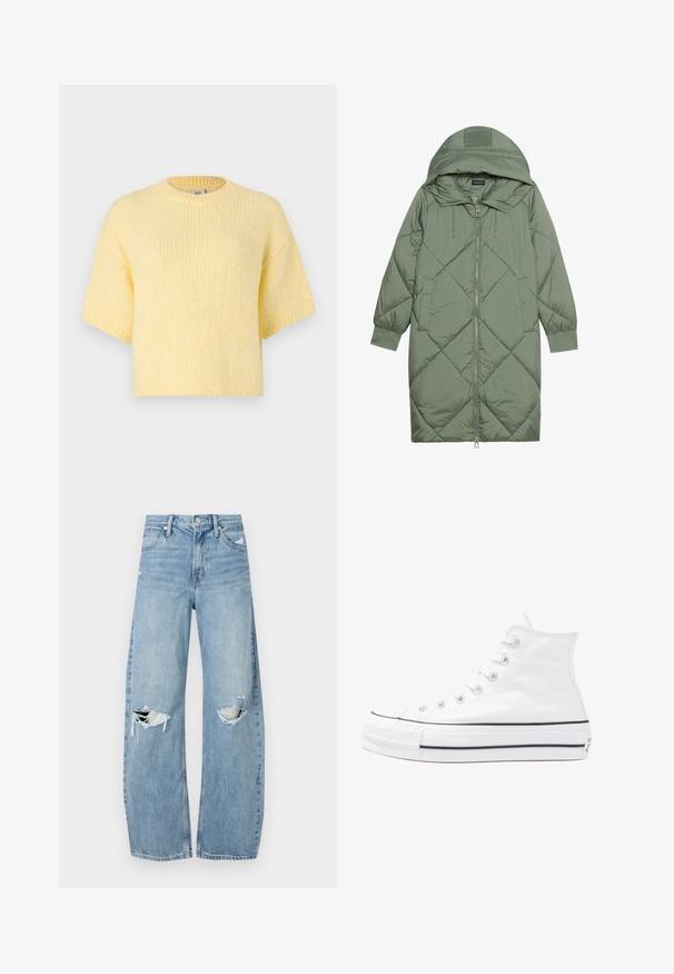 Casaco puffer longo verde acolchoado com capuz, apresentando um fecho frontal com zíper e dois bolsos laterais. Padrão texturizado em forma de diamante por todo o casaco.; Suéter amarelo de malha, de manga curta, com um corte descontraído, decote redondo, textura suave, bordas caneladas e uma silhueta casual.; Jeans de lavagem clara, de cintura alta, feitos de denim. Apresentam pernas largas, duas áreas rasgadas nos joelhos e o estilo clássico de cinco bolsos.; Sapatilha alta de tela branca com sola de borracha preta, bico de borracha na frente e seis ilhós para os atacadores, apresentando um design limpo e minimalista.