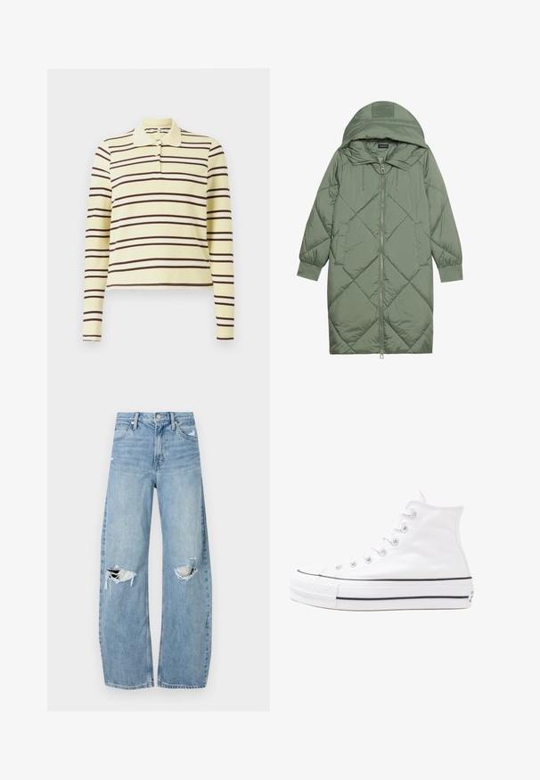 Quilted long green puffer coat with a hood, featuring a front zipper closure and two side pockets. Textured diamond pattern throughout.; Long-sleeve polo shirt in yellow with horizontal brown and white stripes, featuring a classic collar and three-button placket.; Light blue, high-waisted jeans made of denim. Feature wide legs, two torn knee areas, and classic five-pocket styling.; White high-top canvas sneaker with black rubber sole, front rubber toe cap, and six eyelets for laces, featuring a clean, minimalist design.