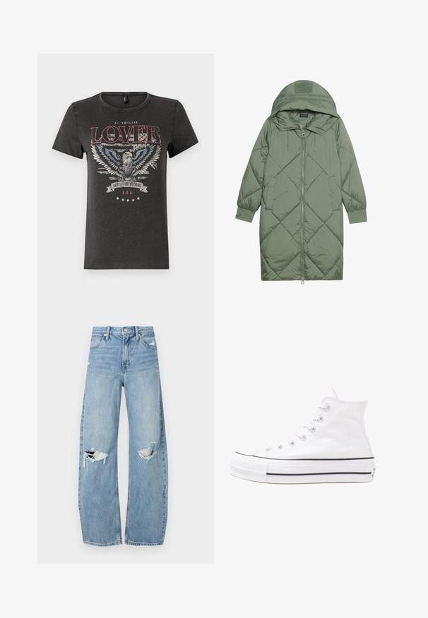 Abrigo acolchado largo verde tipo puffer con capucha, que presenta un cierre frontal con cremallera y dos bolsillos laterales. Patrón de diamantes texturizado en toda su superficie.; Camiseta de algodón gris con un gráfico de un águila con alas azules, texto rojo que dice "AMANTE TOTALMENTE AMERICANO" y una pancarta que dice "NO TE CONFORMES CON NADA".; Vaqueros de mezclilla de tiro alto en azul claro. Tienen piernas anchas, dos áreas desgastadas en las rodillas y un estilo clásico de cinco bolsillos.; Zapatilla de lona alta blanca con suela de goma negra, puntera de goma frontal y seis ojetes para los cordones, que presenta un diseño limpio y minimalista.