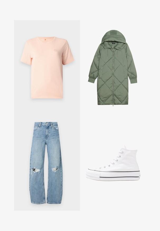 Izšūts garš zaļš pūšļa mētelis ar kapuci, ar priekšējo rāvējslēdzēju un divām sānu kabatām. Visā virsmā ir teksturēta dimanta raksts.; Gaiši rozā īsām piedurknēm T-krekls, kas izgatavots no kokvilnas, ar apaļu kaklu un mazu izšūtu dizainu kreisajā krūšu daļā.; Gaiši zili, augstās vidukļa džinsi, kas izgatavoti no denima. Iespējas plašas kājas, divas plēstas ceļa daļas un klasiskā piecu kabatu dizains.; Balti augstie kanvas sporta apavi ar melnu gumijas zoli, priekšējo gumijas purngalu un sešām acīm lencēm, kuriem ir tīrs, minimālistisks dizains.