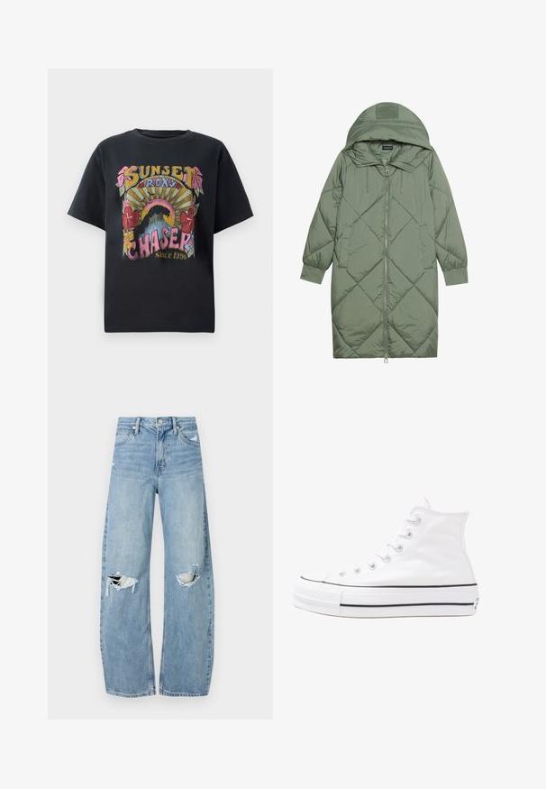 Quiltet lang grøn pufferjakke med hætte, med frontlynlås og to sidelommer. Teksturret diamantmønster over det hele.; Sort bomulds t-shirt med et farverigt grafisk design, der har blomster, solstråler og teksten "SUNSET ROXY CHASER Siden 1990" iøjnefaldende.; Lysblå, højtraljede jeans lavet af denim. Har brede ben, to huller ved knæene og klassisk fem-lommes stil.; Hvide høje kanvas sneakers med sort gummisål, gummitåhætte foran og seks øjehuller til snørebånd, der har et rent, minimalistisk design.