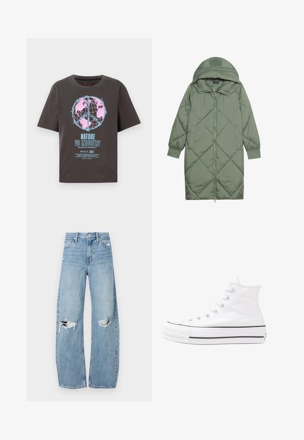 Manteau matelassé long vert avec capuche, doté d'une fermeture éclair à l'avant et de deux poches latérales. Motif en losanges texturé sur toute sa surface.; T-shirt gris foncé à manches courtes, arborant un design de globe coloré en rose et bleu, avec le texte "NATURE VS INDUSTRY" en gras.; Jeans en denim bleu clair à taille haute. Présentent des jambes larges, deux zones déchirées aux genoux et un style classique à cinq poches.; Baskets montantes en toile blanche avec semelle en caoutchouc noir, capuchon en caoutchouc à l'avant, et six œillets pour les lacets, présentant un design épuré et minimaliste.